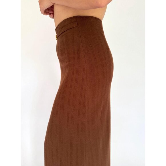 90s vintage brown Morgan belted casual dressy pleated high rise long midi skirt - Picture 7 of 8